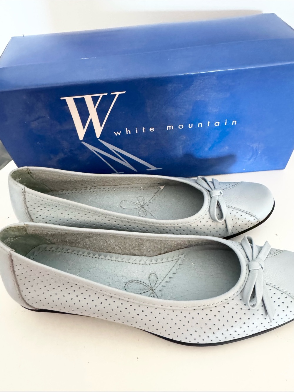 White Mountain Light Gray Perforated Ballet Flats with Bow Accent